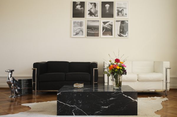 Block slab marble coffee table - Black Nero Marquina marble with interior decor